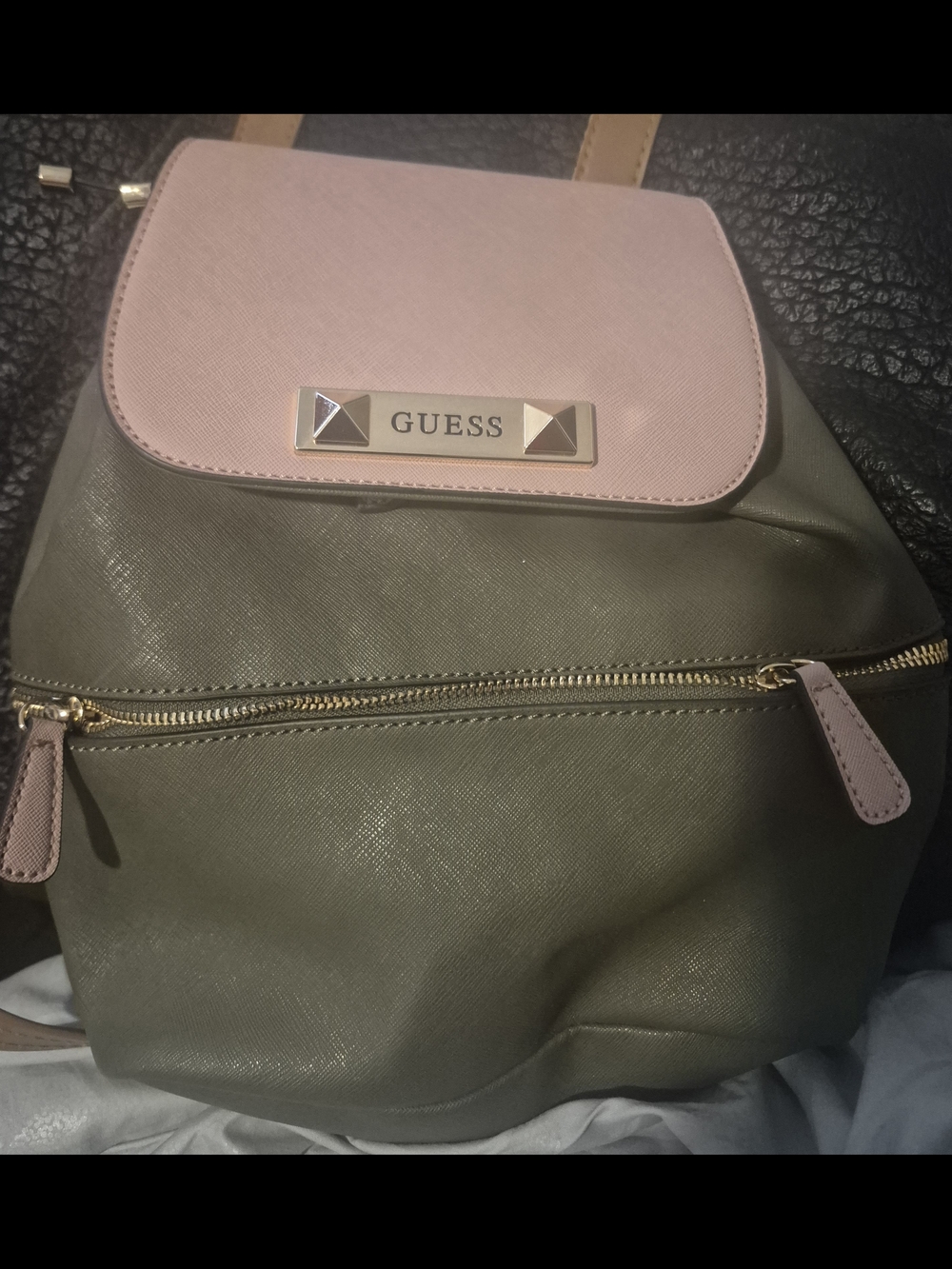 GUESS Olive Green and Light Pink Logo Flap Backpack